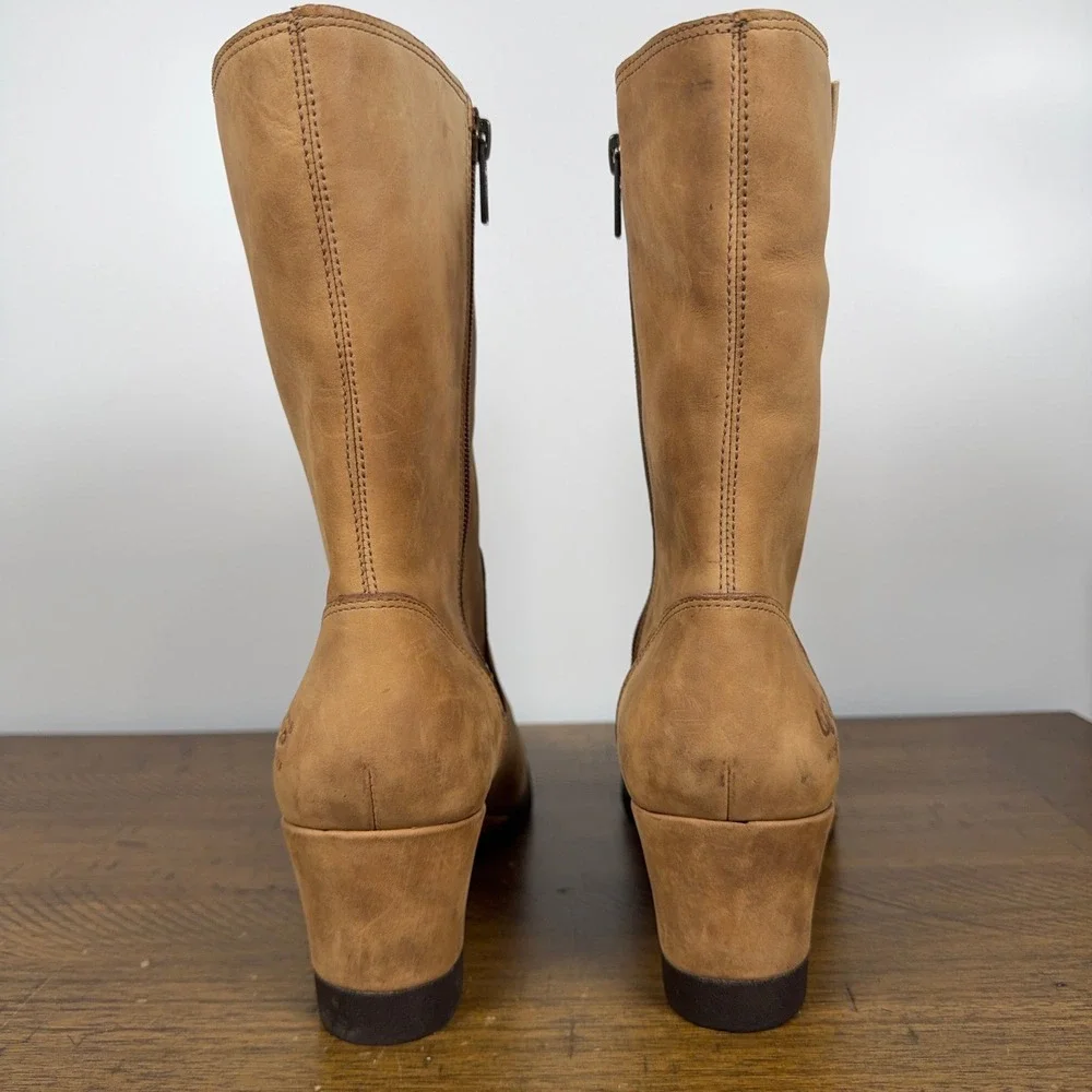 UGG Boots Womens 10 Tan Leather Joely Wedge Shearling Winter Waterproof Y2K
